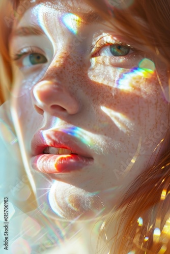 cute caucasian young girl face with blue eyes and beautiful freckles, portrait studio close up with rainbow lights on her