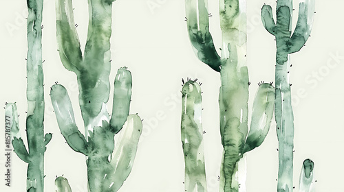 Minimalistic Watercolor Cactuses on Light Green Background - abstract design with space - Seamless tile. Endless and repeat print. photo