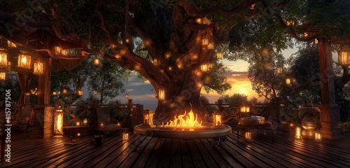 The deck during a family gathering  the central fire table alight and casting a glow on the laughter-filled scene  the tree providing a natural canopy above.