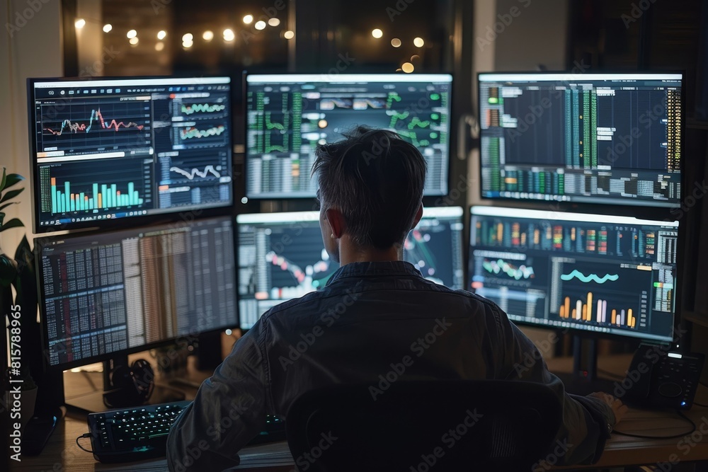 Stock trader monitoring financial markets on multiple screens. Modern technology and finance concept for design and banner Stock trader monitoring financial markets on multiple screens. Modern technology and finance concept for design and banner