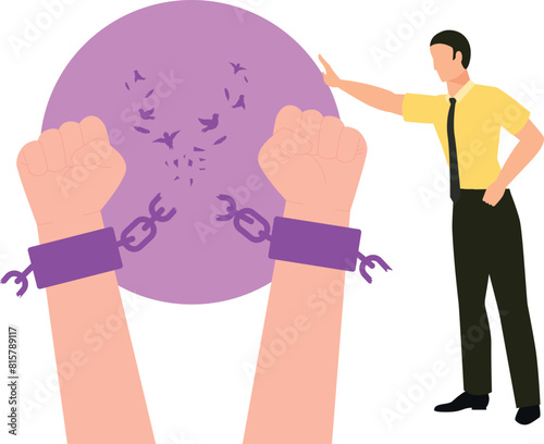 The boy is breaking the chains.