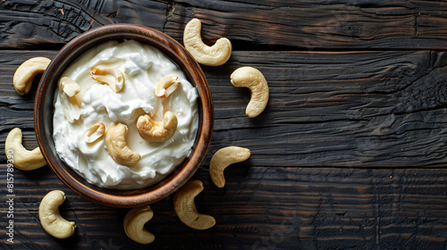 Bowl of sour cream with cashew nuts on dark wooden background