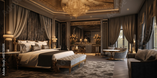 A luxurious master suite with wallpaper featuring a metallic damask pattern  a canopy bed with flowing drapes  and opulent furnishings for a regal ambiance.