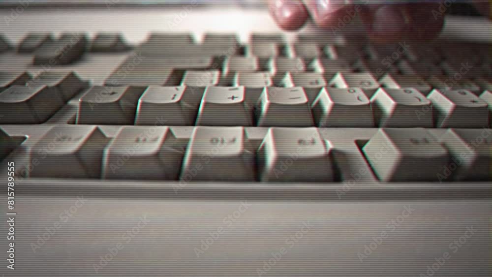 Computer engineer developer is working on old vintage computer 1990s. Antique classic pc keyboard and programmer typing hands. Internet web digital startup history. Outdated retro technology concept