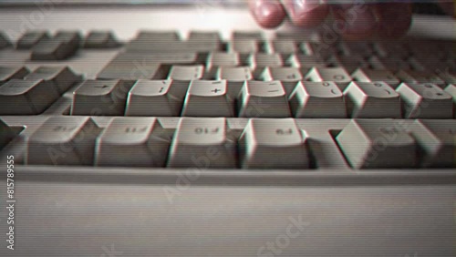 Computer engineer developer is working on old vintage computer 1990s. Antique classic pc keyboard and programmer typing hands. Internet web digital startup history. Outdated retro technology concept