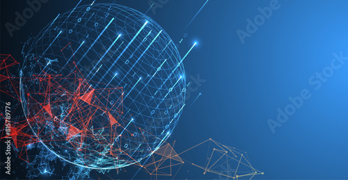 Big data numeric Sphere  theme with connected lines in technology style background.  Abstract 3d grid design.