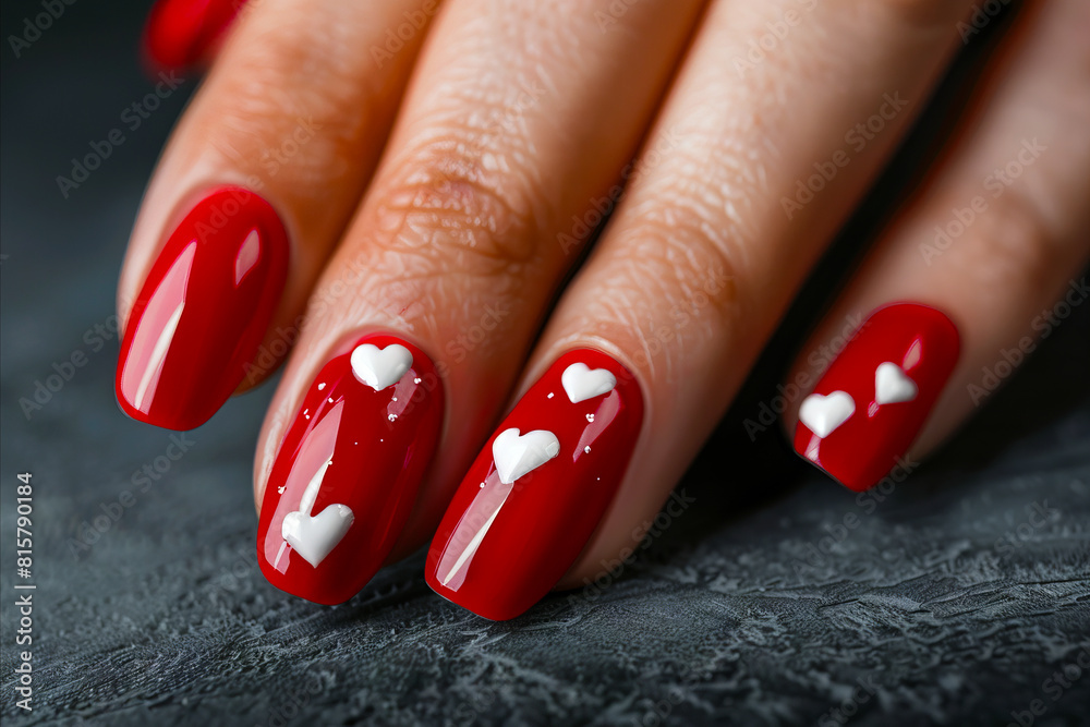 A woman's red nails with white hearts.