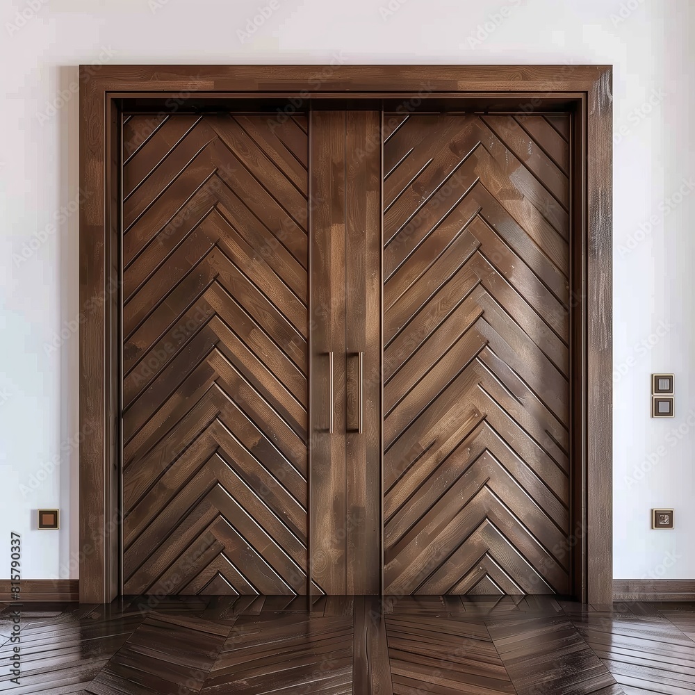 Dark brown wooden door with diagonal grooves on the surface with white wall in background. Dark brown wooden door with diagonal grooves on the surface with white wall in background.
