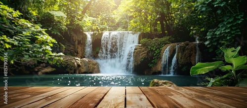 Wood table top podium floor in outdoor waterfall green tropical forest nature background.Natural water product present placement pedestal counter display AI generated