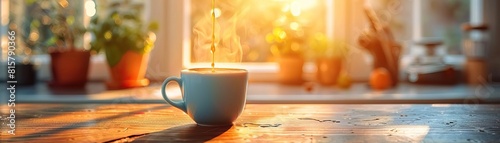 A cozy  natural light scene with coffee dripping into a mug on a kitchen counter  morning light casting a gentle glow  panoramic copy space at the top.