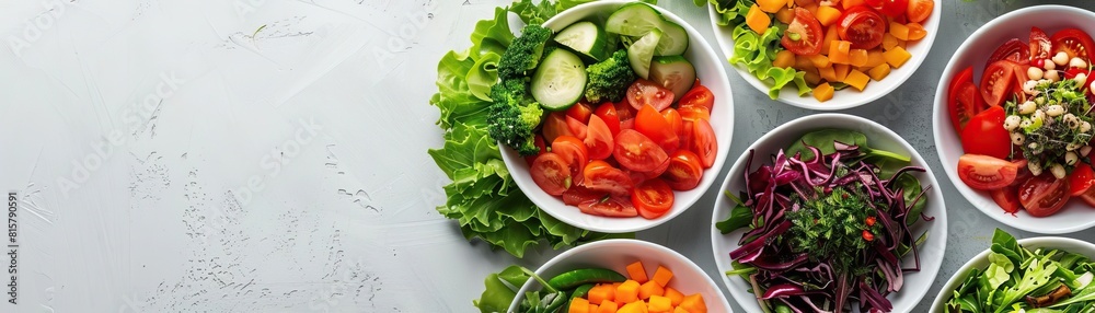 A dynamic angle capturing an assortment of fresh summer salads, each bowl vibrant with vegetables and fruits, set against a clean, minimalist background, wide space on the side for A dynamic angle capturing an assortment of fresh summer salads, each bowl vibrant with vegetables and fruits, set against a clean, minimalist background, wide space on the side for