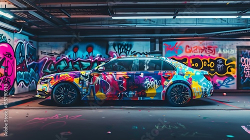 A car covered in colorful graffiti art parked at an urban outdoor parking lot photo