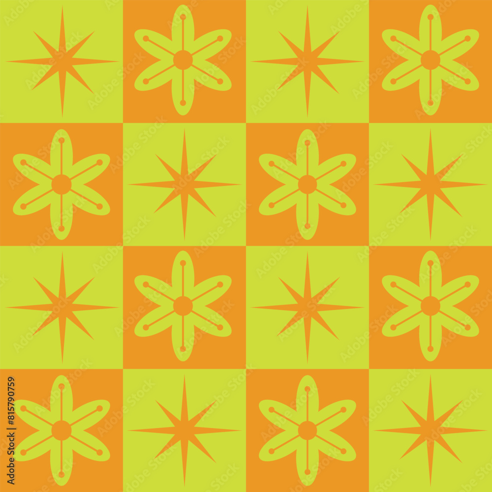 Checkered Mid Century atomic starbursts with retro mod flowers seamless pattern in orange and yellow. For textile, fabric and home décor Checkered Mid Century atomic starbursts with retro mod flowers seamless pattern in orange and yellow. For textile, fabric and home décor