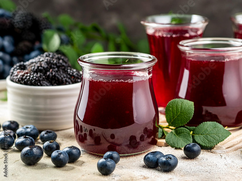 Berry banner advertising blueberry juice in glass jars
