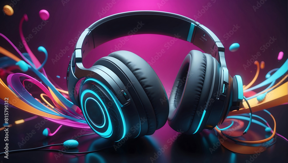 A pair of black over ear headphones with blue LED accents sits on a reflective surface. Colorful neon light streaks creating a dynamic and vibrant atmosphere against a dark background A pair of black over ear headphones with blue LED accents sits on a reflective surface. Colorful neon light streaks creating a dynamic and vibrant atmosphere against a dark background