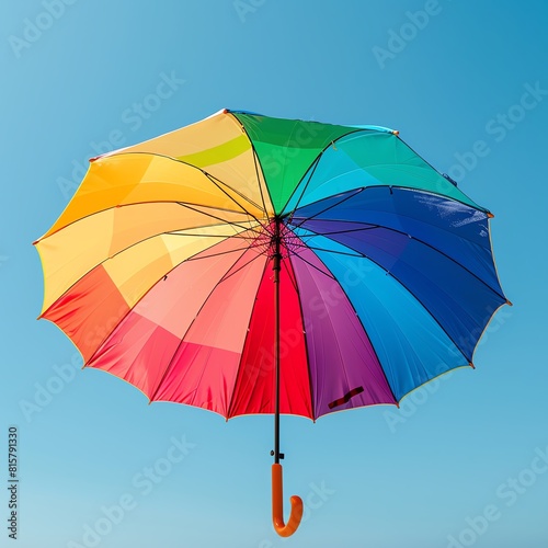 LGBT rainbow umbrella open on a sunny beach  clear blue sky in the background