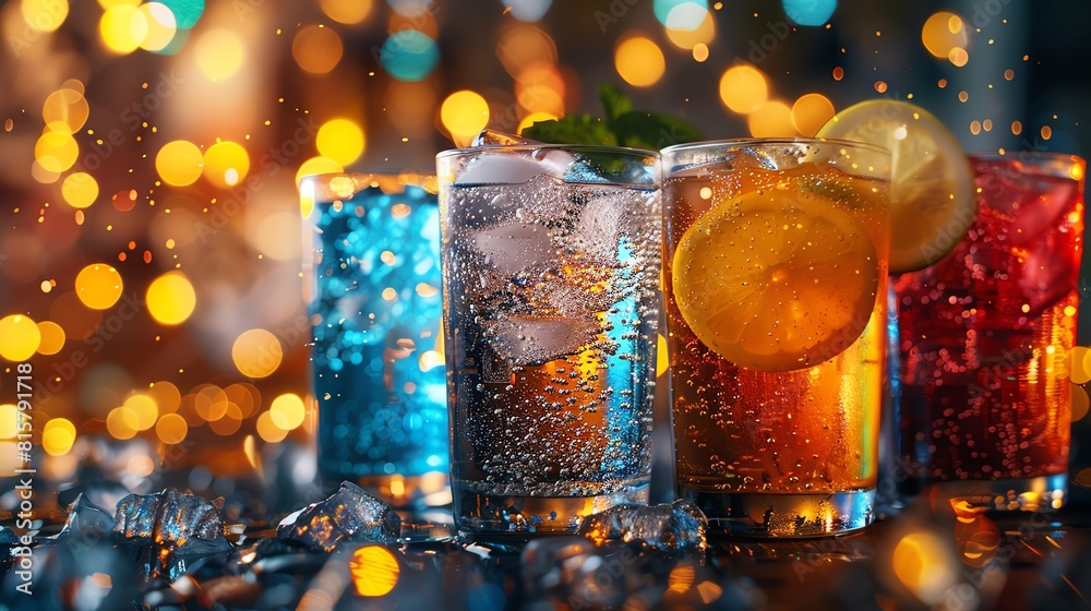 Extreme closeup of bubbly cold drinks on a table, with the glowing BBQ and festive lights in the background Extreme closeup of bubbly cold drinks on a table, with the glowing BBQ and festive lights in the background