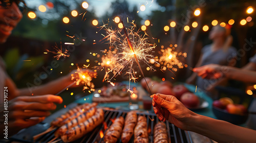Extreme closeup of hands holding sparklers at a 4th of July BBQ, with festive lights and grilled food in the background photo