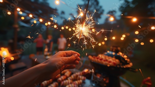 Extreme closeup of hands holding sparklers at a 4th of July BBQ, with festive lights and grilled food in the background