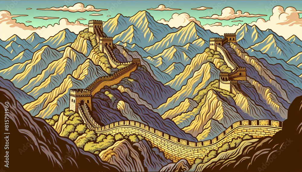 Obraz premium Mountains serve as a background to the majestic golden Great Wall of China.