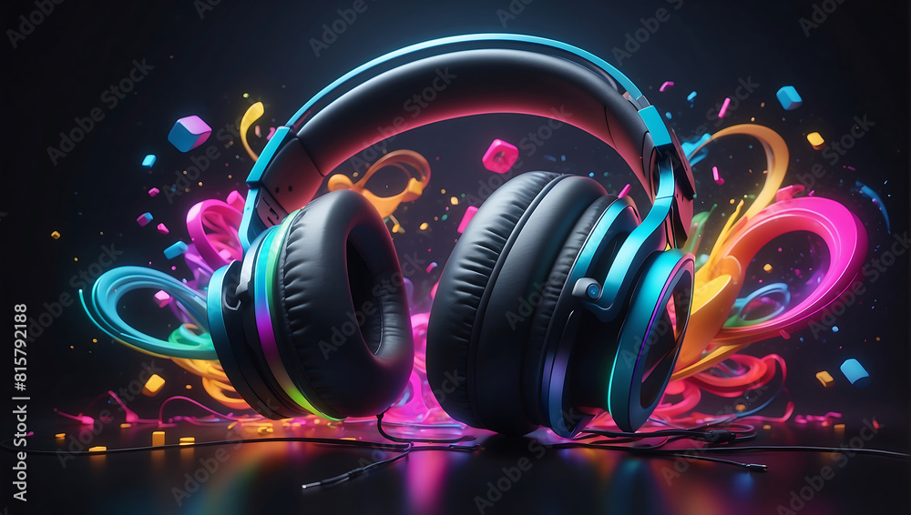 A pair of black over ear headphones with blue LED accents sits on a reflective surface. Colorful neon light streaks creating a dynamic and vibrant atmosphere against a dark background