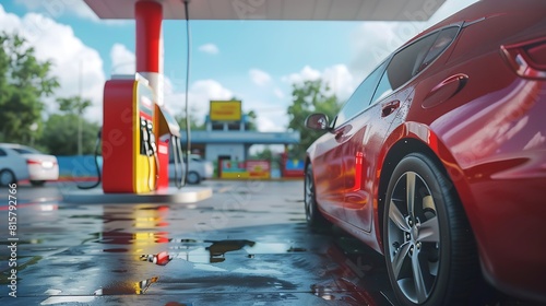 A car parked in front of a gas station with a wireless payment terminal at the pump photo