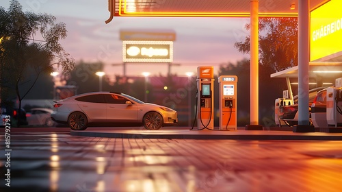 A car parked in front of a gas station with a wireless payment terminal at the pump photo