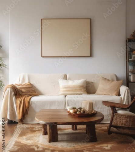 A mockup of an empty blank wooden frame on the wall in cozy living room  wooden coffee table and sofa with beige fabric cover  wooden floorboard