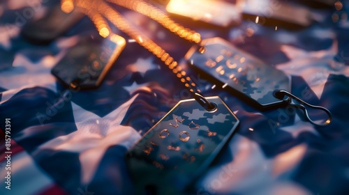 Close up of military badges on American flag background. Selective focus. photo