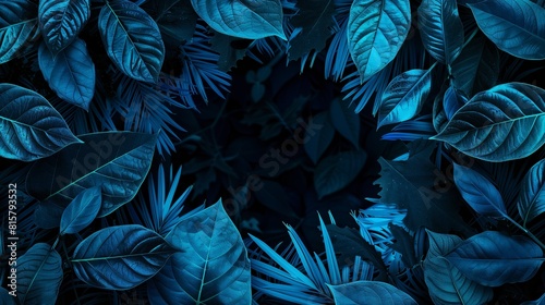 A blue neon frame with leaves on dark background.
