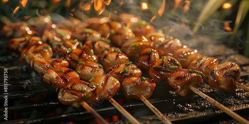 Shish kebab on the grill grilled meat with vegetables shashlik kebab on skewers wooden kitchen board.
