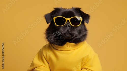 A dog in glasses wearing a yellow sweater against a matching yellow background