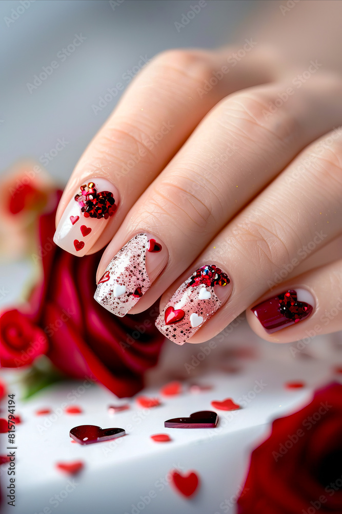 Valentine's day nail art. A person holding up a nail with sprinkles on it.