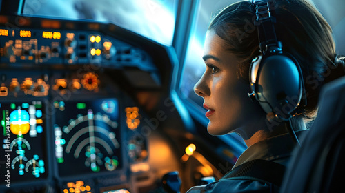 AI-assisted female pilot in an illuminated cockpit photo