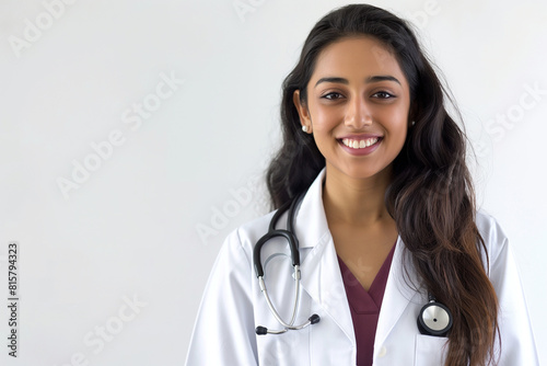 Attractive indian female doctor smiling on white background.