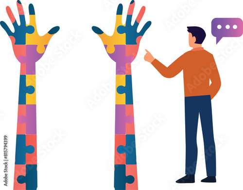 Boy looking at puzzle hand for solution to autism.