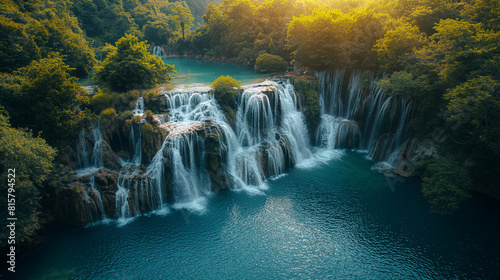 A breathtaking aerial shot capturing the grandeur of a waterfall cascading down a series of geometric terraces  with water flowing in precise channels and pools  creating a mesmeri