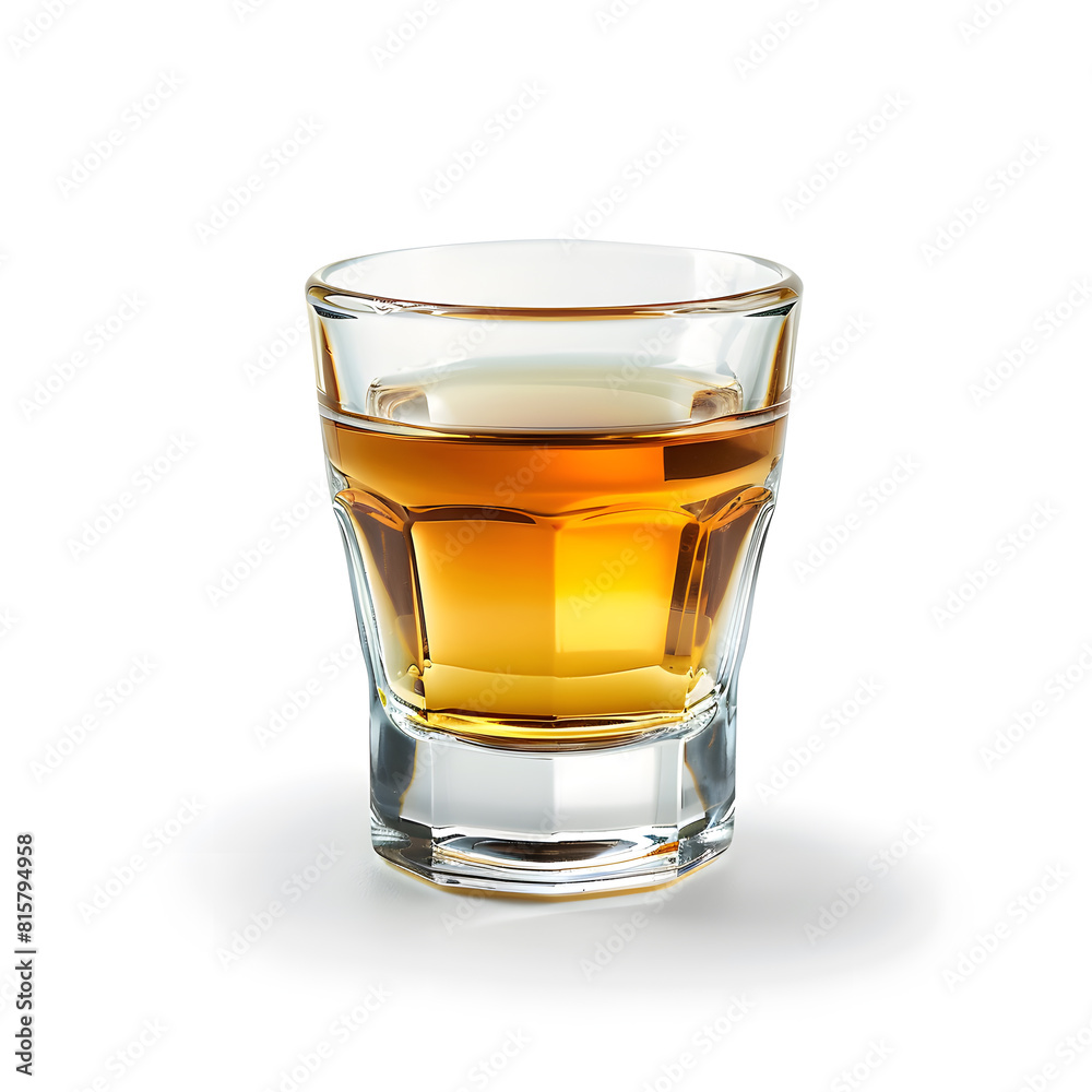 A shot of alcohol in a small glass isolated on a white background A shot of alcohol in a small glass isolated on a white background