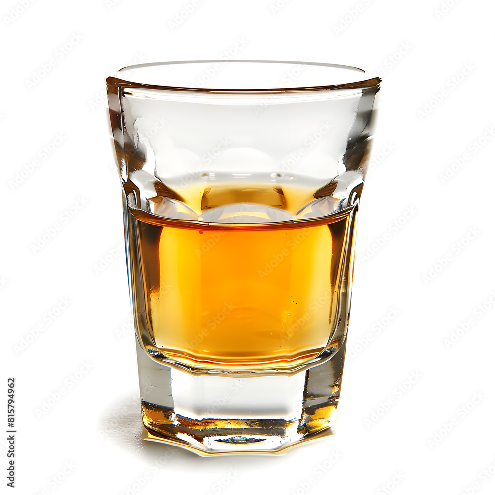 A shot of alcohol in a small glass isolated on a white background A shot of alcohol in a small glass isolated on a white background