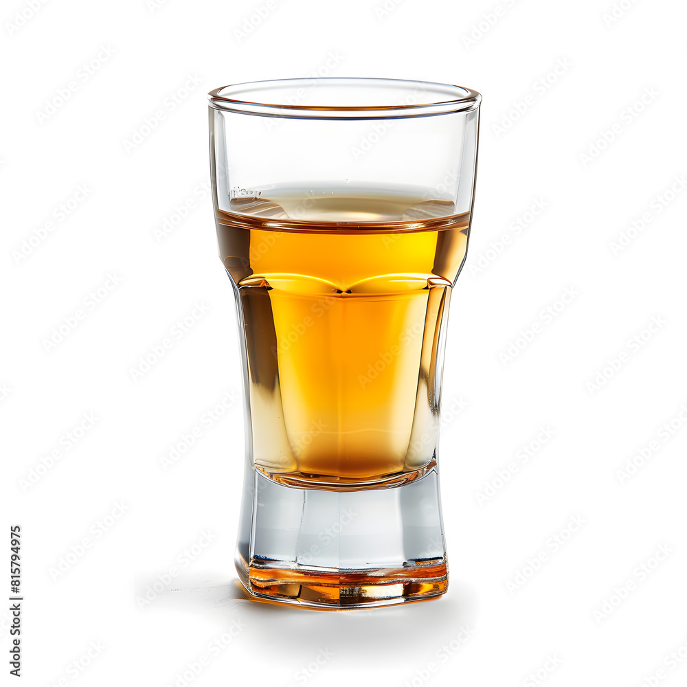 A shot of alcohol in a small glass isolated on a white background A shot of alcohol in a small glass isolated on a white background