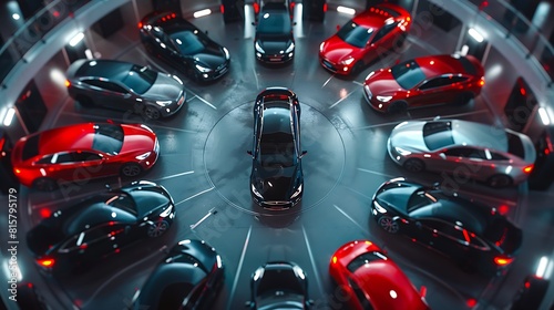 A group of cars parked in a circular pattern in a valet parking area with wireless keyless entry photo