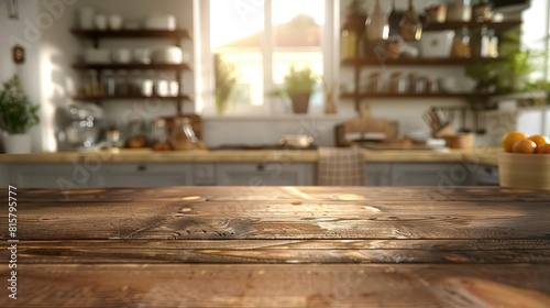 Wooden table foreground with a kitchen background, optimized for product shoots involving kitchen items and culinary setups, complemented by a blurred room effect