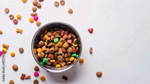 Bowl with pet food on white background