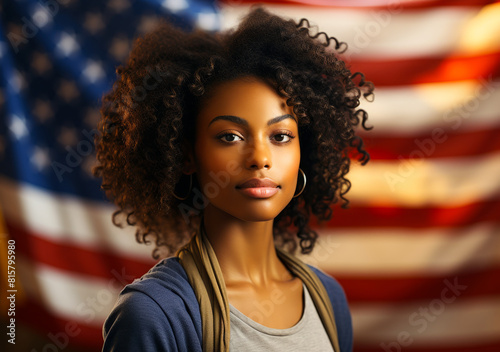 Patriotic Black Woman Voter Election Candidate Portrait US Flag Background Democracy Vote photo