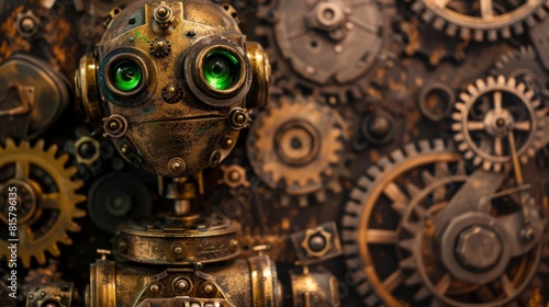 Intricate Brass Accented Robot with Green Eyes on Gear Background.