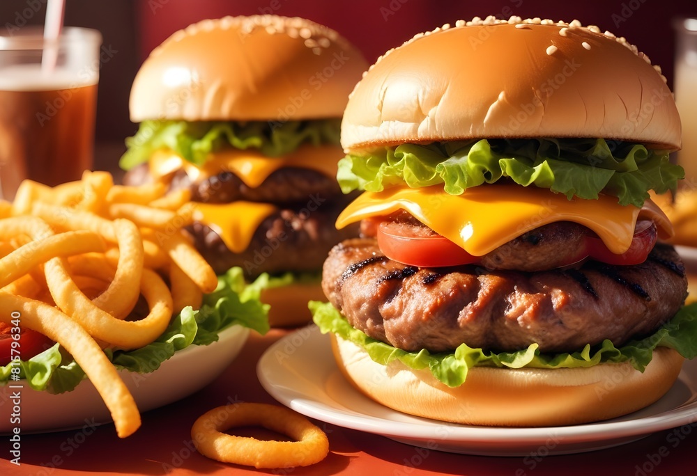 Cheese beef burgers with fries and onion rings. Cheese beef burgers with fries and onion rings.
