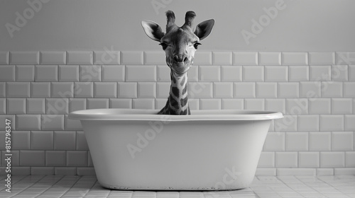 Monochrome photograph of giraffe sitting bathtub