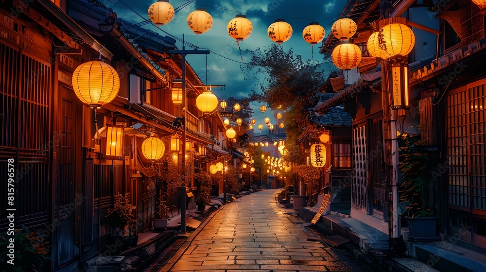 Traditional asian lantern-lit street in the evening captures a magical atmosphere