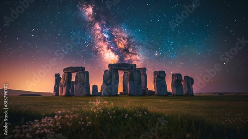 Majestic stonehenge under starry night sky with milky way galaxy, historical landmark panorama photo