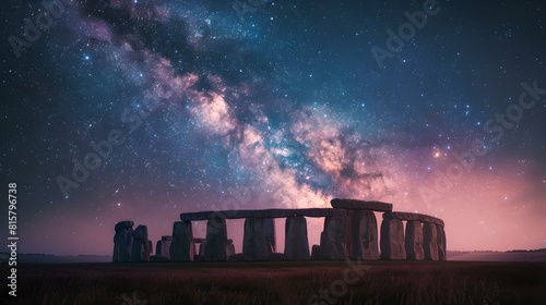 Majestic night sky illuminates ancient stonehenge monument, a surreal historical scene